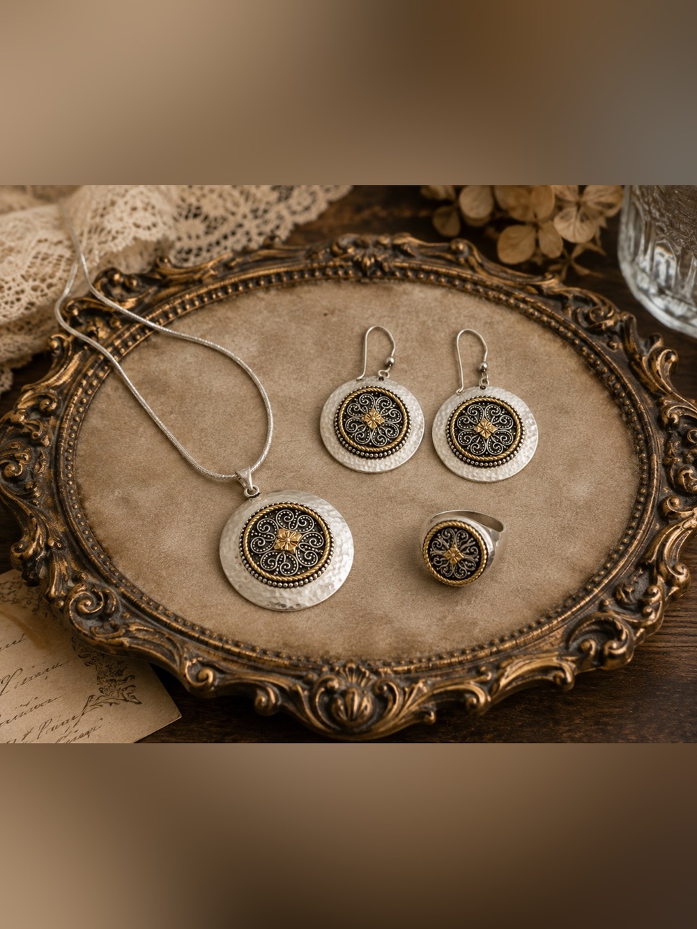 Sterling Silver 925 Jewelry Set – Necklace, Earrings & Ring – Gold Accents